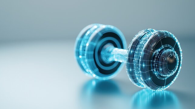 A futuristic, holographic dumbbell with intricate digital designs and glowing blue light effects. - Powered by Adobe