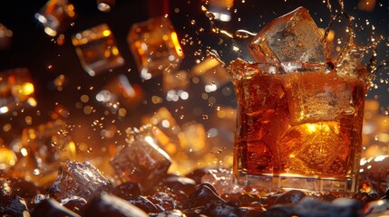 Refreshing soft drink poured over ice with splash effect against a dark background