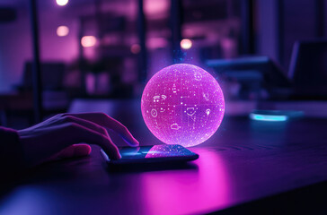 Futuristic Tech Globe Hovers Above Smartphone Digital Interaction Concept