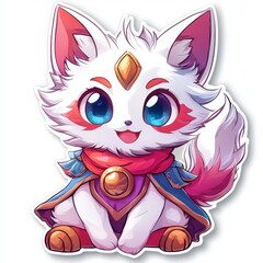Adorable illustration of a whimsical white fox-like creature, dressed in a vibrant red and purple cloak.  