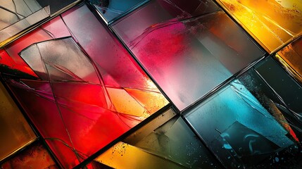 Abstract geometry formed by overlapping bright transparent glass tiles