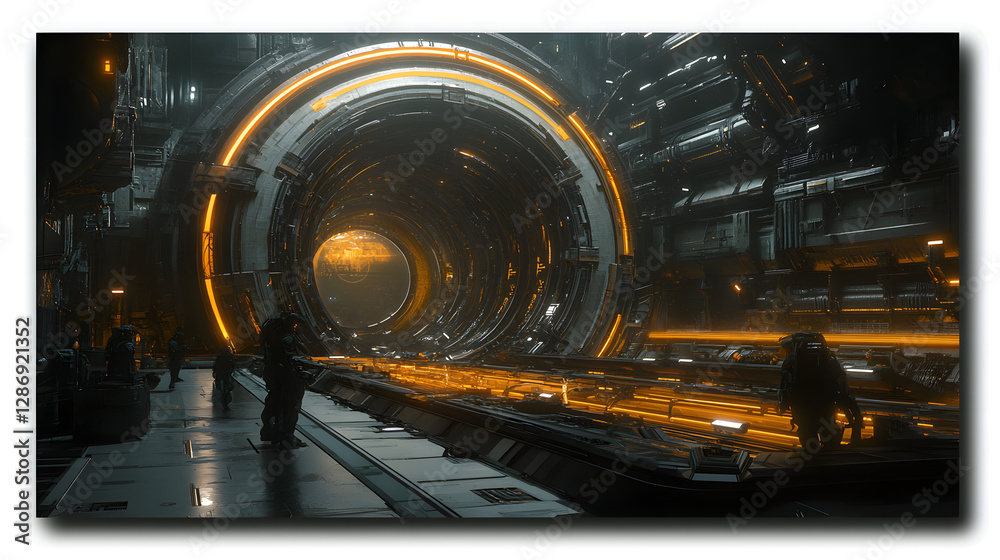 Poster man walking through an intricate geometric tunnel with abstract design patterns