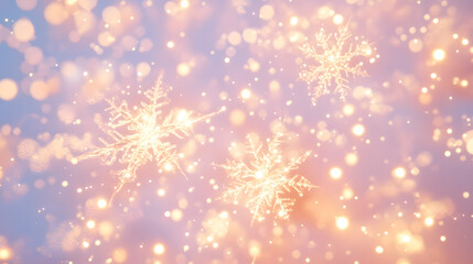 Snowflakes falling against a clear blue sky with tulips in the foreground