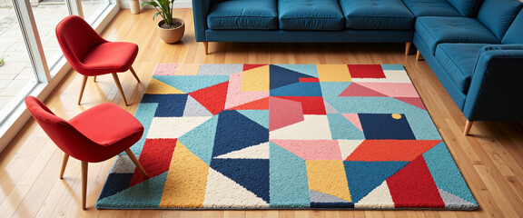 Colorful geometric rug on wooden floor with red accent chairs, evoking a modern and vibrant atmosphere in a cozy living room space