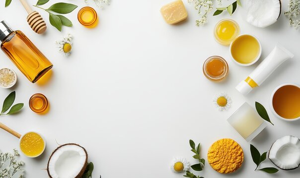 Natural Ingredients and Essential Oils for Skincare and Wellness with Herbal Elements on White Background