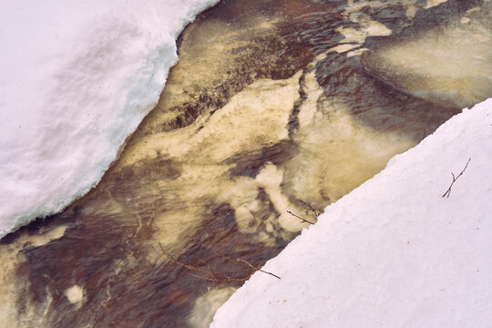 Melting water in the Olterudelva River, Toten, Norway, a day of February 2025.