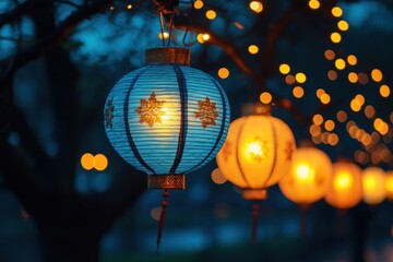 Illuminated Paper Lanterns Hanging From Tree Branches At Night