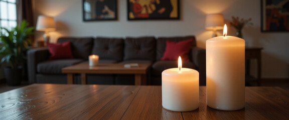 Candlelit ambiance in a cozy living room featuring soft sofa and decor