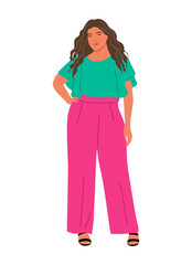 Fototapeta premium Modern curvy business woman. Vector realistic illustration of attractive plus size girl in colorful smart casual summer office outfit and high heels. Isolated 