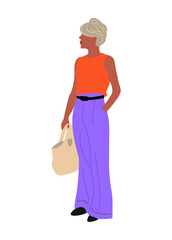 Modern senior business woman. Vector realistic illustration of attractive lady in colorful smart casual summer office outfit with bag. Isolated