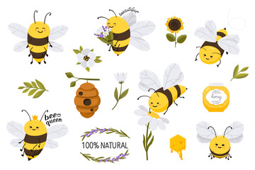Cute honey bee character illustration set with flowers and lettering quote. Vector funny illustration collection for stickers, print, cards, posters, web site, banner, landing page.