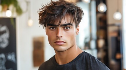 Handsome male model with brunette hair in elegant hairstyle, posing for the camera at beauty salon in front of mirror, wearing black t-shirt against barbershop interior. Modern Barbering concept.
