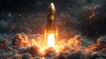 Fototapeta premium A golden rocket with the Bitcoin logo is taking off into space