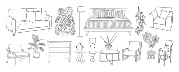 Collection of elegant modern furniture and home interior decorations of trendy Mid century modern retro 70s style hand drawn black sketch on white background. Monochrome vector illustration. © Creative_Juice_Art