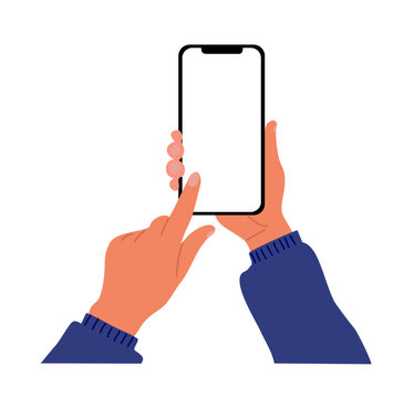 Female Hands holding mobile phone. Fingers touching, scrolling smartphone screen, using applications. Empty screen, phone mockup. Flat vector illustration isolated