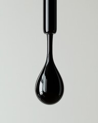 Single Drop of Glossy Black Liquid Suspended from Pipette Against Light Gray Background, Minimalist Aesthetic, Studio Photography, Close-Up View
