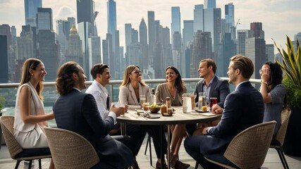 Corporate professionals engage in discussions during a rooftop meeting overlooking a stunning city skyline in the late afternoon - Powered by Adobe