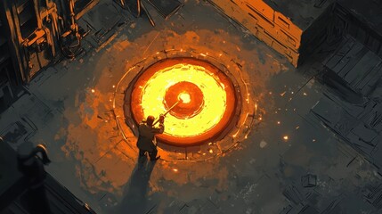 A lone worker stirs molten metal in a fiery furnace