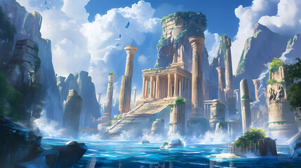 Mystic atlantis rediscovered: diving into the legendary sunken island civilization with impressive temples and classic columns. Ancient Ruins Underwater. Illustration