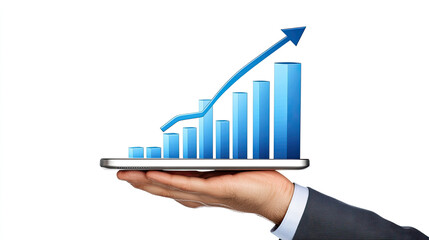 Hand Holding Tablet Showing Upward Trending Blue Bar Graph, Business Growth