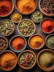 A vibrant collection of spices in bowls, showcasing an array of earthy tones and textures.