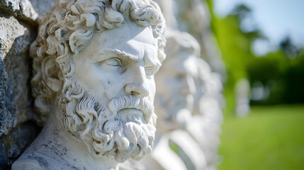 Obraz premium Stone busts, garden, sunny day, historical figures, website design