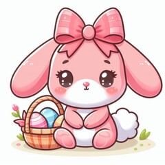 A pink Easter bunny holding a basket filled with colorful Easter eggs and flowers, symbolizing a festive spring celebration