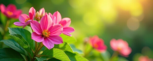 Obraz premium Vibrant blooming flowers, lush green leaves, soft sunlight , spring background, floral, vibrant