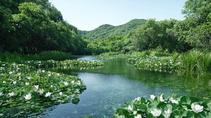 Serene river, lush greenery, white water lilies, tranquil nature scene, idyllic landscape