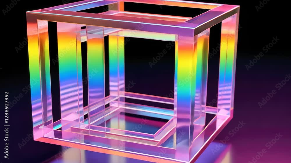 Poster an abstract perspective of a vibrant metallic cube frame illuminated by neon colors at an artistic s