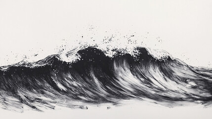 Dynamic black and white ink wave with splashes and detailed texture on white background

