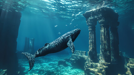 Whale swimming through ancient underwater temple ruins with statues, surreal marine life exploration in deep ocean fantasy scene. Ancient Ruins Underwater. Illustration