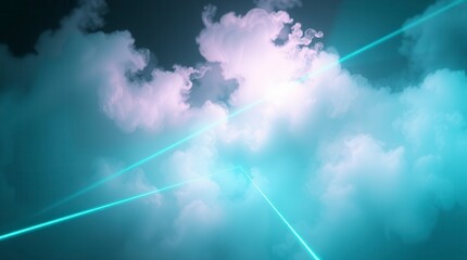 Glowing light trails cut through fluffy clouds in a dreamy and ethereal sky scene.