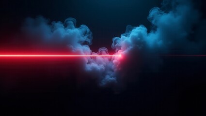 Fototapeta premium A striking red laser beam pierces through captivating swirls of blue smoke on a dark backdrop.