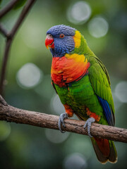 A vibrant rainbow lorikeet perched on a branch.