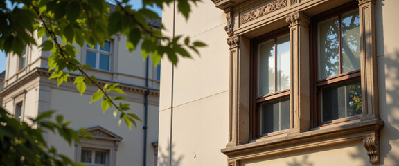 Fototapeta premium Neoclassical architecture featuring intricate window designs and ornate details creating a sense of elegance and refinement surrounded by lush greenery and bright sunlight
