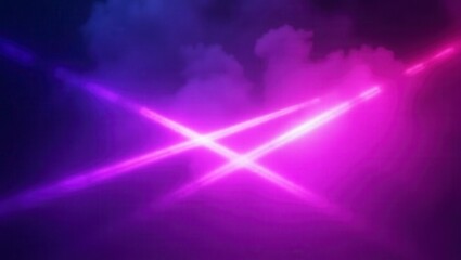 Abstract neon lights create an energetic display with purple and blue beams crossing in the smoke.