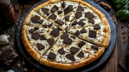 Gourmet truffle pizza on dark wooden table, sliced and ready to eat