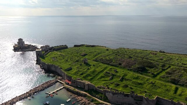 Aerial view of Methoni Castle in early spring, Peloponnese, Greece.