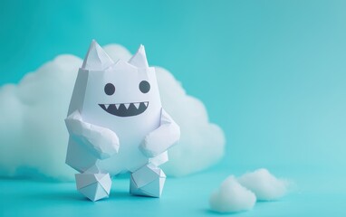 Cute paper monster with origami folds, cloud-like paper body, soft edges, on vivid cyan background