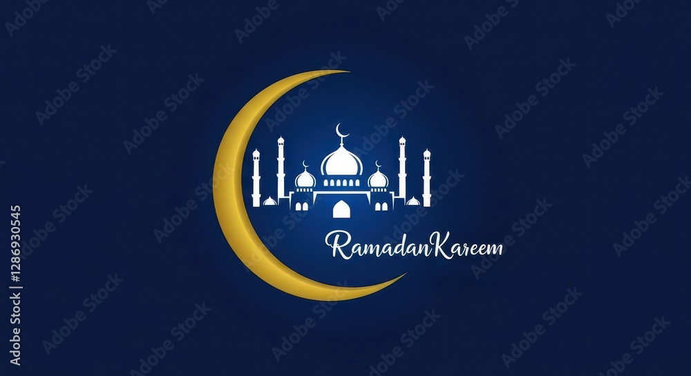 Fototapete a blue and golden design a crescent moon a silhouette of a mosque with multiple domes and minarets s