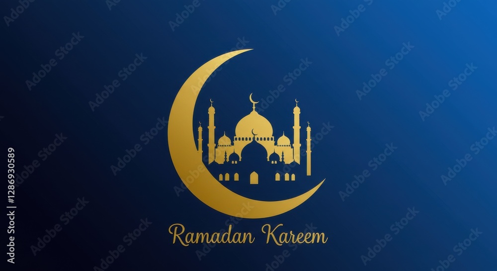 Fototapete a blue and golden design a crescent moon a silhouette of a mosque with multiple domes and minarets s