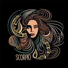 Scorpio Zodiac sign beautiful girl hand drawn vector colorful illustration on black background. Astrological contemporary symbol with magic female character. Modern design wall art, t-shirt, tattoo.