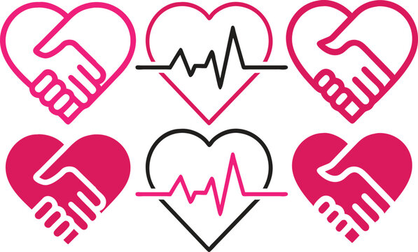 Heart and handshake icons with heartbeat line symbol of love, care, and unity