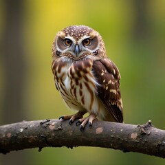 Naklejka premium Eurasian pygmy owl resting on a weathered branch, alert , branch, cute