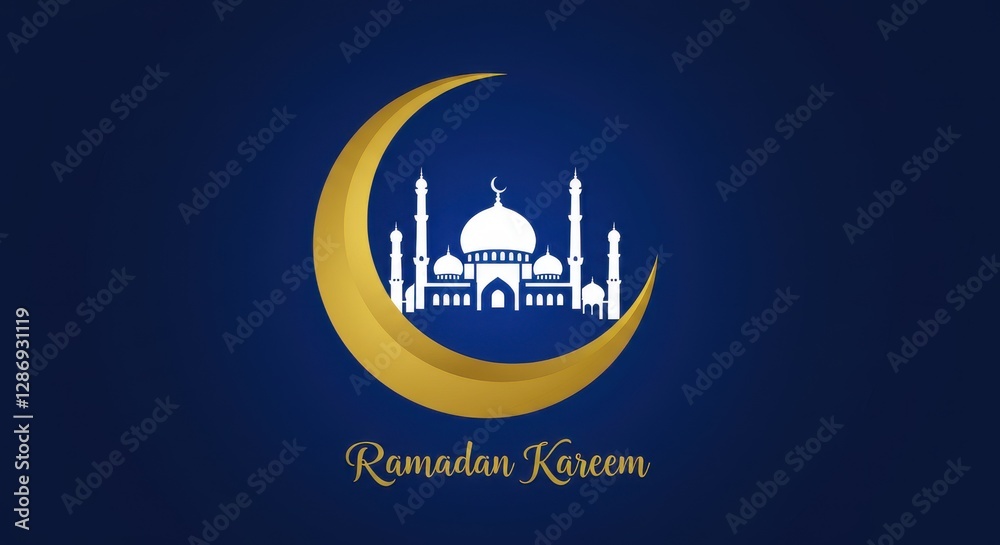 Fototapete a blue and golden design a crescent moon a silhouette of a mosque with multiple domes and minarets s