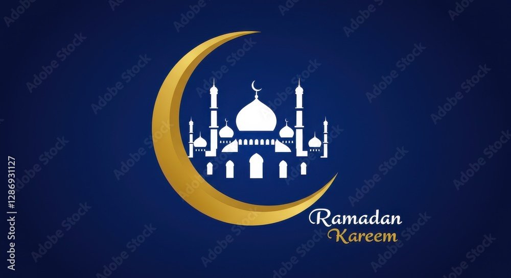 Fototapete a blue and golden design a crescent moon a silhouette of a mosque with multiple domes and minarets s