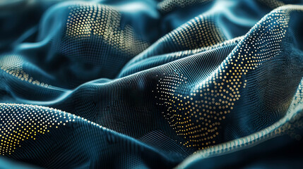 Ultra-realistic close-up of smart fabric with embedded biometric sensors, flexible material, subtle reflections, intricate detail