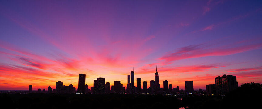 City skyline at sunset showcasing vibrant colors with silhouettes of tall buildings against a colorful sky, representing urban beauty and tranquility