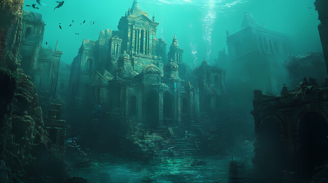A mystical underwater city with merfolk swimming among ancient ruins generative ai. Ancient Ruins Underwater. Illustration